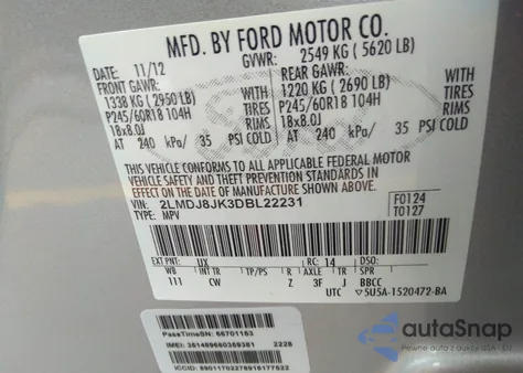 2013 Lincoln Mkx from USA, damaged, VIN 2LMDJ8JK3DBL22231